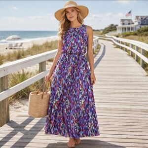 Wisp Purple Fushciabblack White Watercolor Print Maxi Dress Sleeveless Sz 8